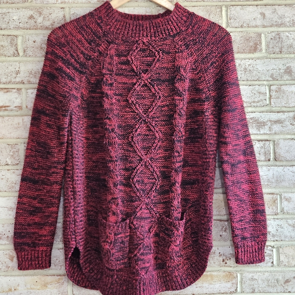 Poof Excellence Women's Black Red Cable Knit Long Sleeve Sweater Size M